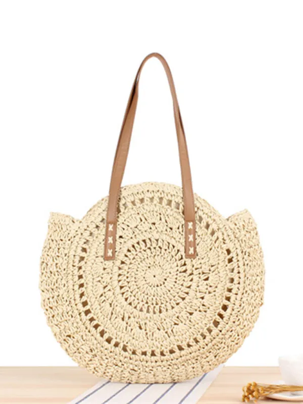 Women's Round Straw Woven Shoulder Bag With Zip Fastening