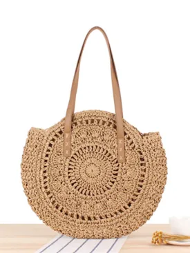 Women's Round Straw Woven Shoulder Bag With Zip Fastening