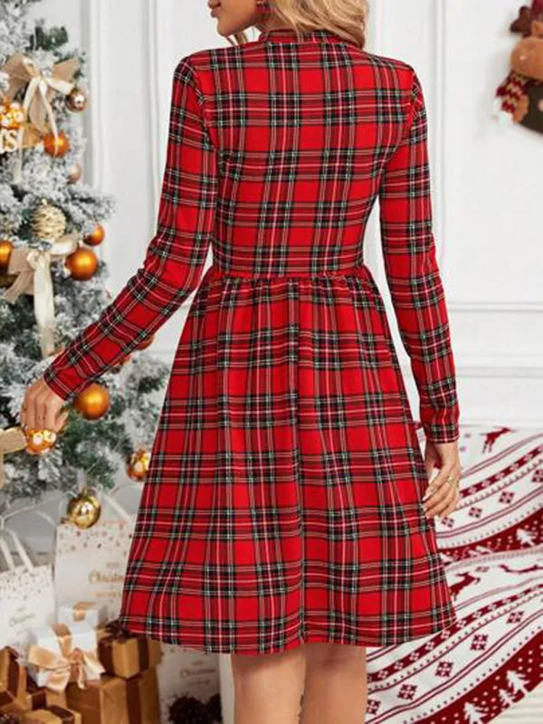 Women's Traditional Plaid Print Long Sleeve A-Line Dress