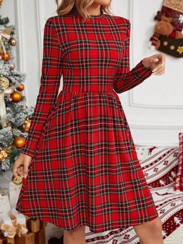 Women's Traditional Plaid Print Long Sleeve A-Line Dress