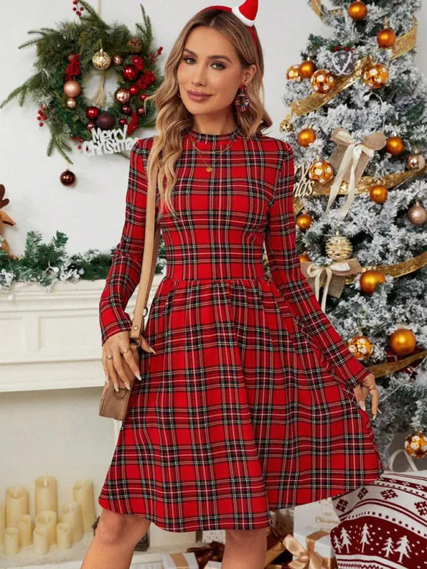 Women's Traditional Plaid Print Long Sleeve A-Line Dress