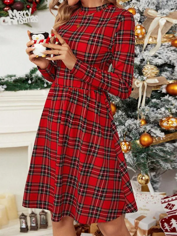 Women's Traditional Plaid Print Long Sleeve A-Line Dress